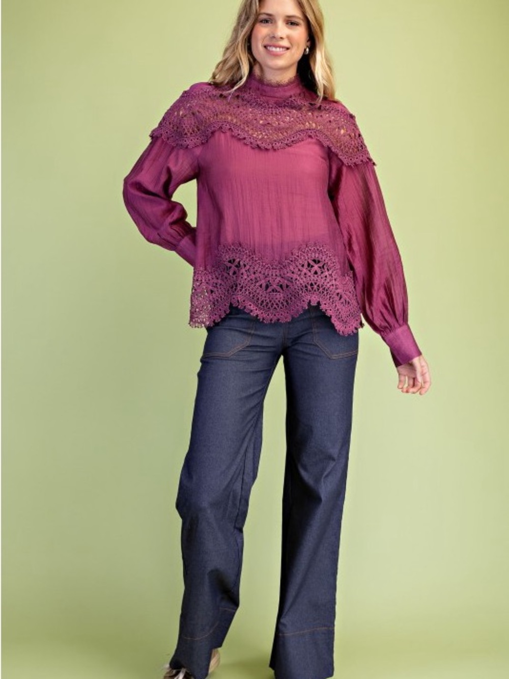 Sheer High-Neck Lace Patchwork Blouse – Plum - Picture 4 of 7